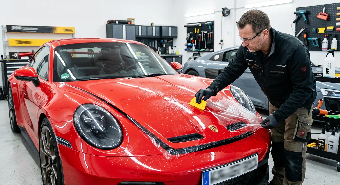 Montage einer transparenten HAVERKAMP Lackschutzfolie auf der Fronthaube eines roten Porsche mit einem gelben Rakel.