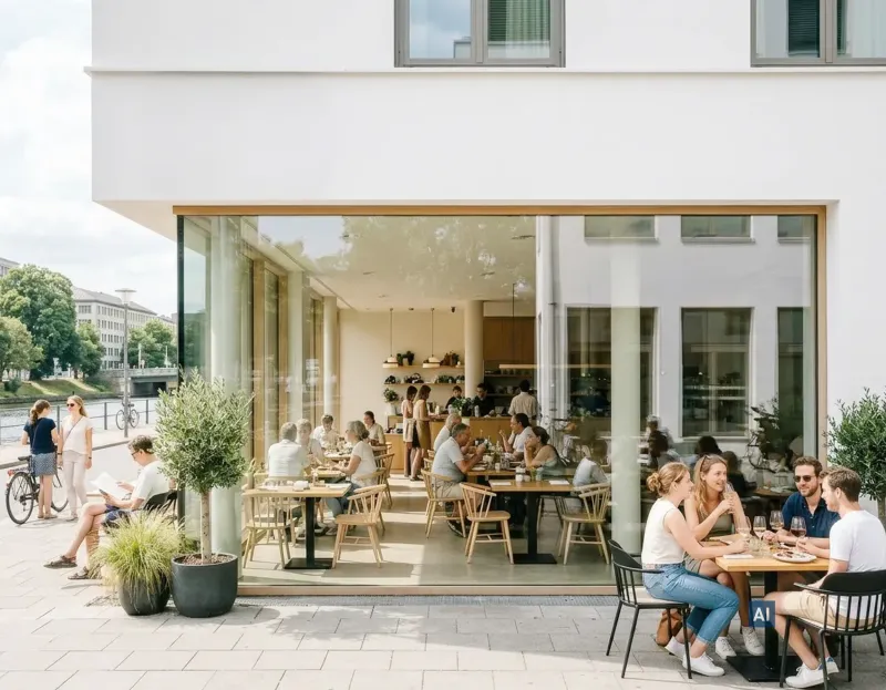 Modernes Eckcafé mit Glasfront foliert mit Haverkamp safe 175µ SR Primus, Gäste im Innenraum und im Außenbereich. 