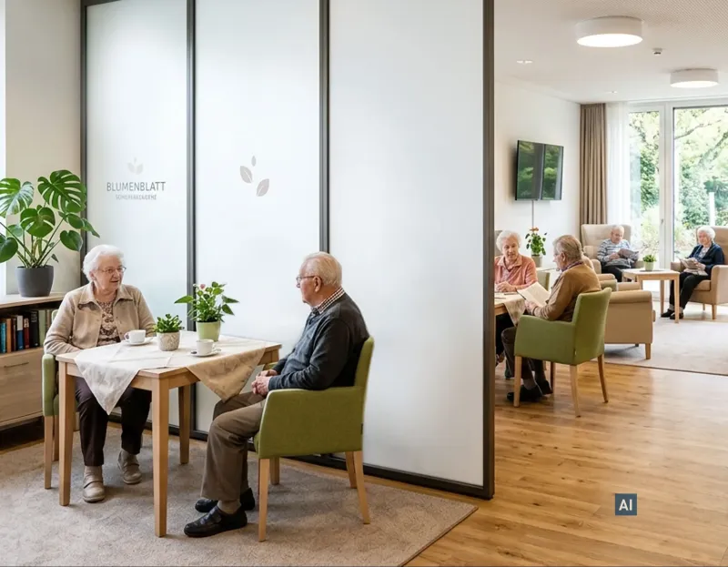 Altenpflegeheim mit Senioren an Tischen, getrennt durch eine Glaswand mit Haverkamp Weiß Undurchsichtig Folie.