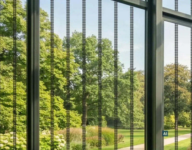 Glasfront mit Haverkamp birdsafe® Vogelschutzfolie Punktraster schwarz schwarz, dahinter ein Park mit Bäumen.