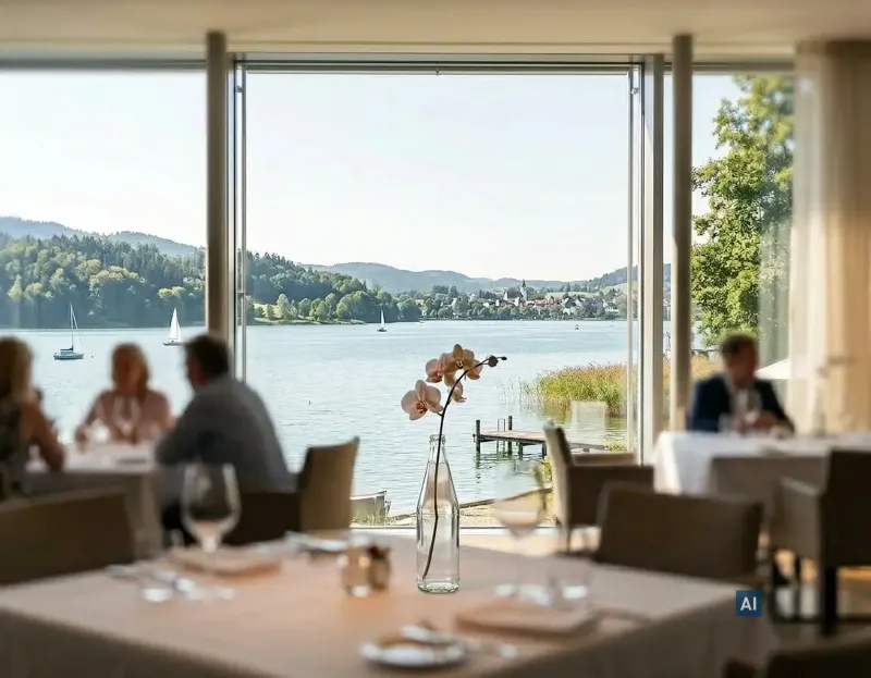 Panoramafenster im Restaurant foliert mit Haverkamp glasklar safe 115µ SR, Blick auf See und Berge.