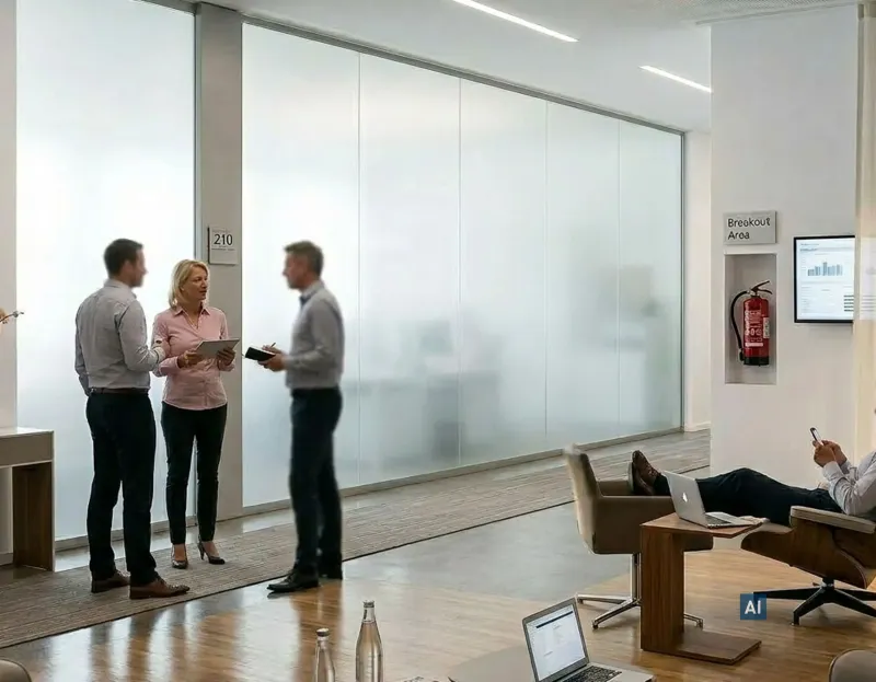 Moderne Lobby mit Haverkamp Weiß Matt Safe 125µ auf Glastrennwand, unscharfer Raum dahinter und Lounge-Sessel.