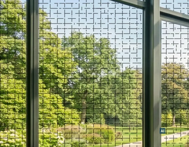 Fensterscheibe mit Haverkamp birdsafe® Vogelschutzfolie Greenline Design 01 vor einem Park mit Bäumen und Pfad.