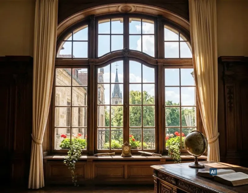 Großes Bogenfenster mit Haverkamp UV 90NR SR Folie schützt Interieur vor UV-Strahlung und Verblassen von Möbeln.