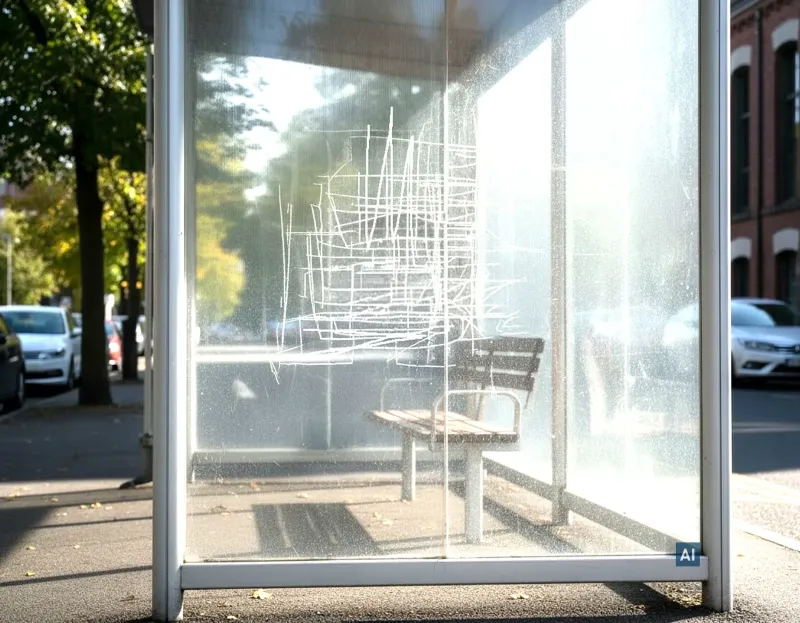 Zerkratzte Bushaltestelle an einer Straße, geschützt durch Haverkamp Anti-Vandalismus-Folie klar für PC/PMMA.