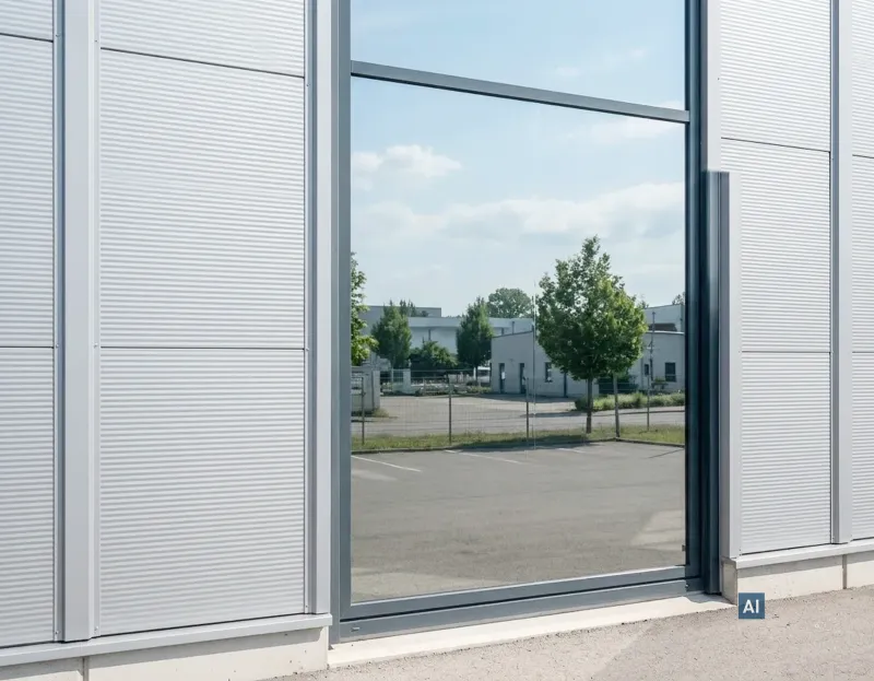 Industriegebäude mit Fenstern foliert mit Haverkamp Silber Schwarz Undurchsichtig Primus SR im Außenbereich.
