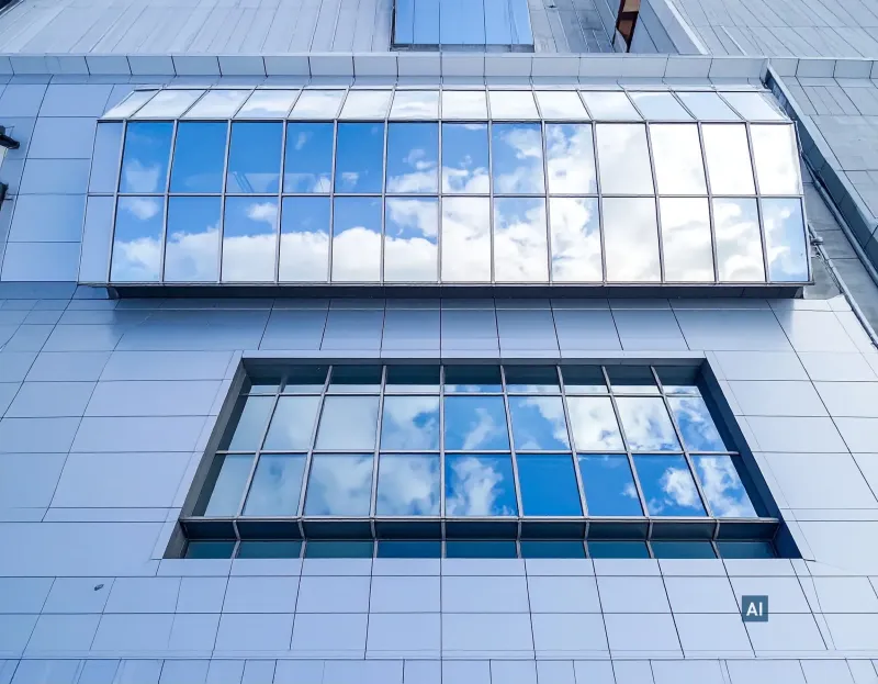 Gewerbebau-Fensterfronten foliert mit Haverkamp Silber Mittel 35R SR Primus Plus zur Hitze- und Blendungsreduktion.