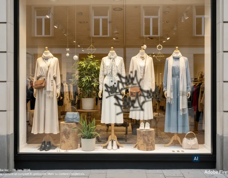Modegeschäft mit klarer Haverkamp Anti-Vandalismus-Folie für Glas auf dem Schaufenster, Schaufensterpuppen und Graffiti.
