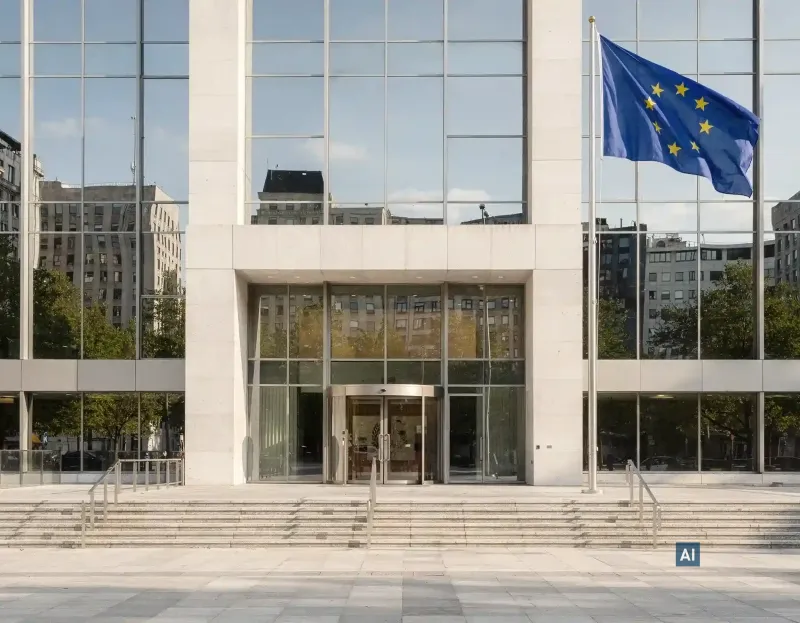EU-Flagge vor Behördeneingang mit Haverkamp Shielding mittel 25 RS sr Primus Plus Abhörschutzfolie auf Glasfassade.