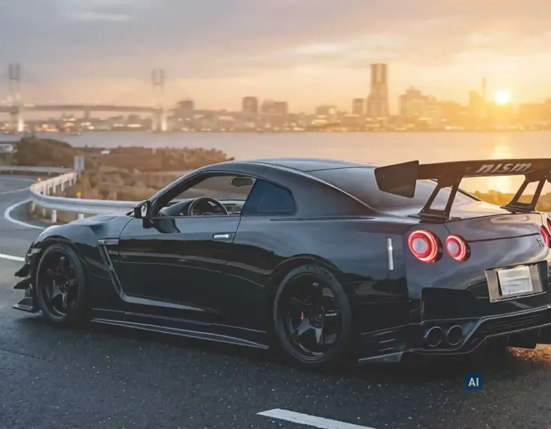 Schwarzer Sportwagen im Sonnenuntergang vor Skyline; Heckscheiben tiefschwarz getönt mit HAVERKAMP Best Bond 05.