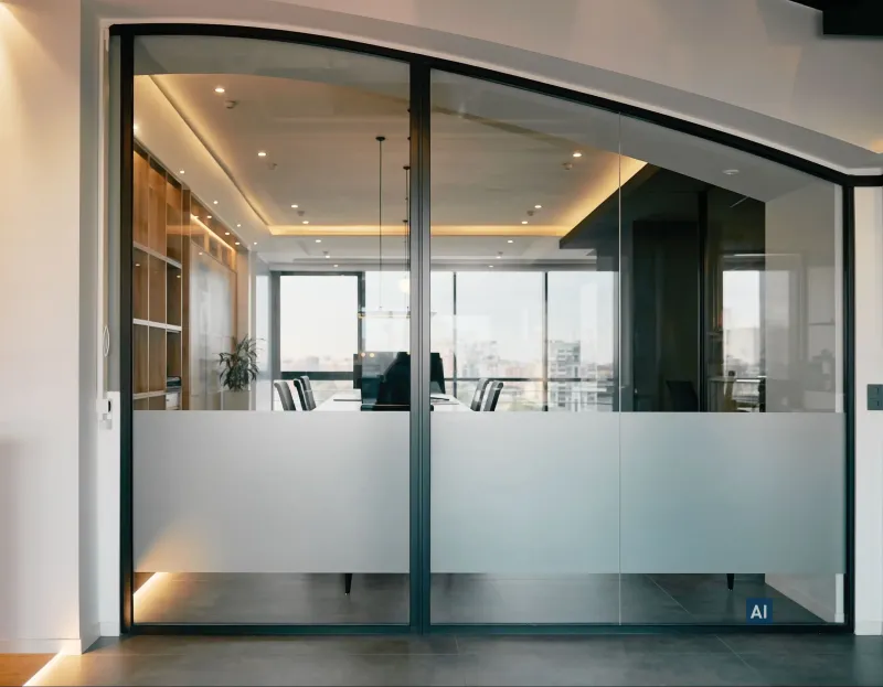 Bogen-Glasfront eines Besprechungszimmers mit Haverkamp Weiß Matt Classic Sichtschutzstreifen auf mittlerer Höhe.