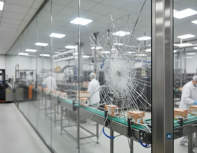 Produktionshalle mit beschädigter Glaswand und Haverkamp glasklar safe 190µ SR, Personal an Verpackungslinie. 