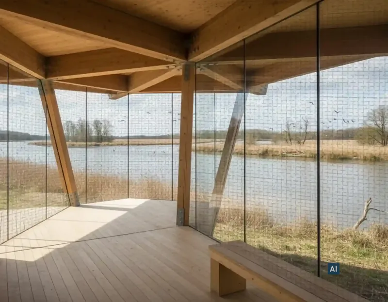 Aussichtsplattform aus Holz mit Haverkamp Birdsafe black interieur, davor ein Fluss und Bäume am Ufer.